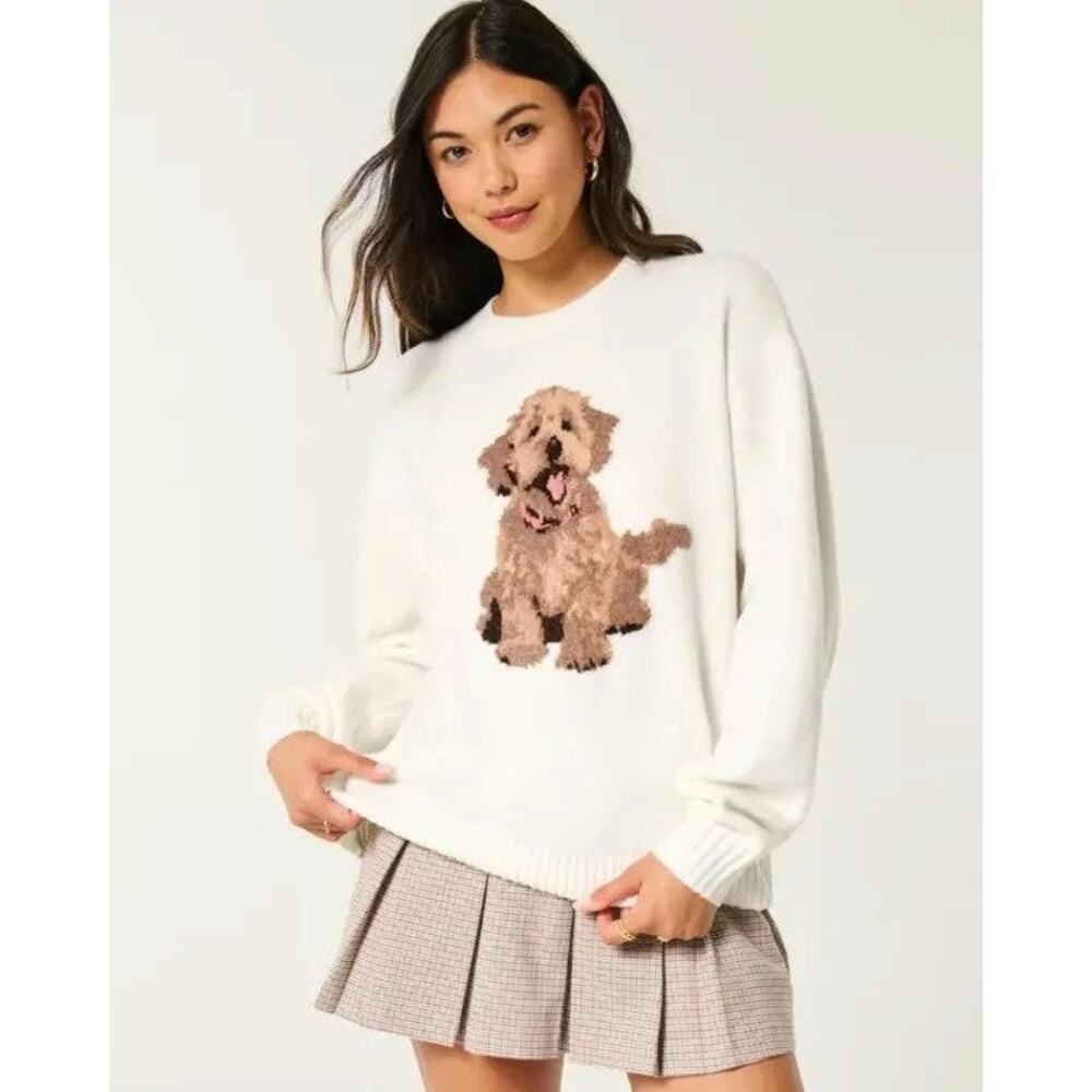 Hollister Oversized Puppy Graphic Cream Sweater Size Medium Goldendoodle